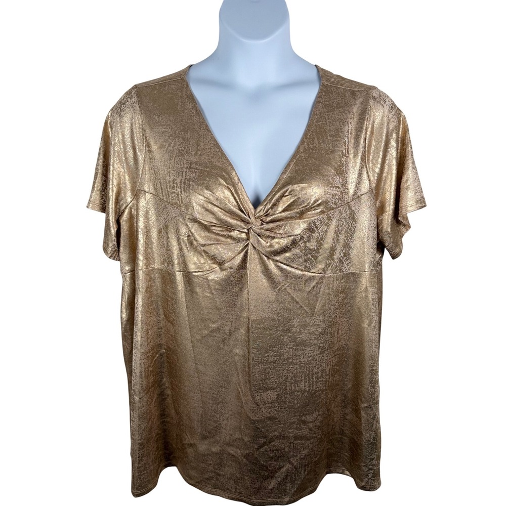 Roaman's Gold Metallic Knot Front V-Neck SS Top 1X 22/24 Party Glam Going Out
